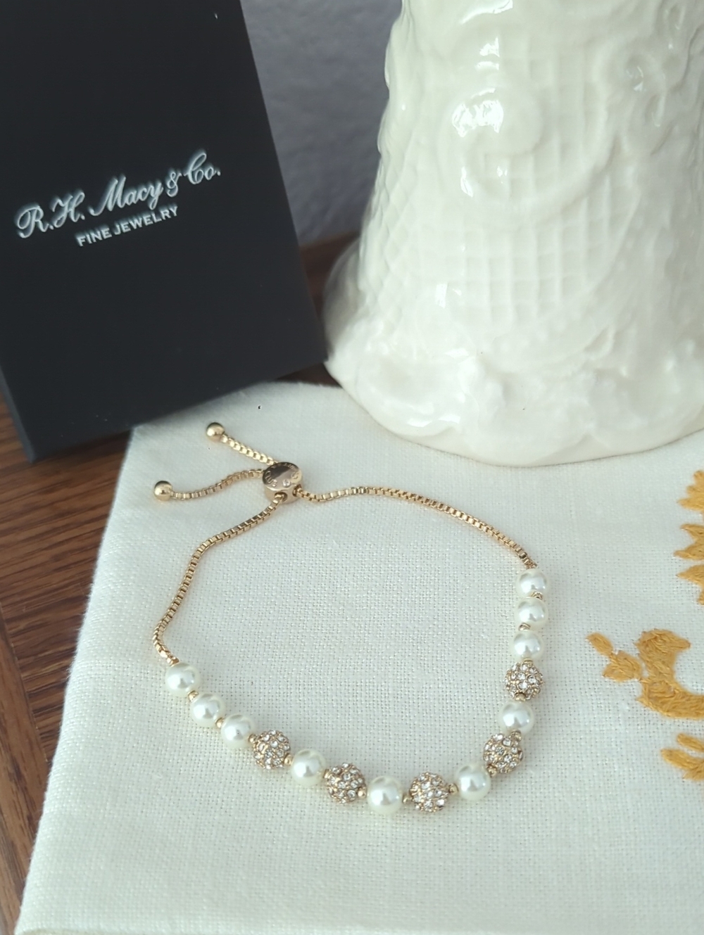 New, Gold Tone Pearl & Pave Embellished Bead Slider Bracelet